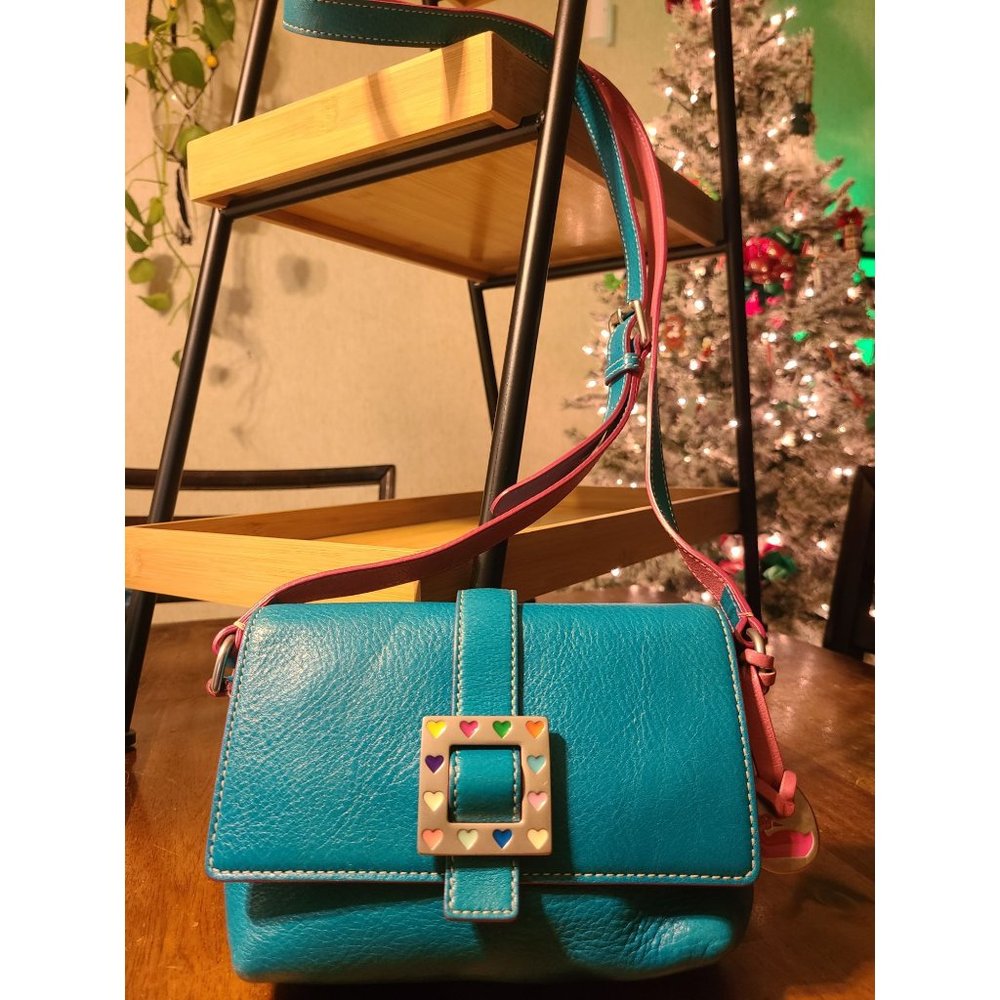 Dooney & Bourke Vintage Heart Flap Crossbody Turquois Pink Leather Small